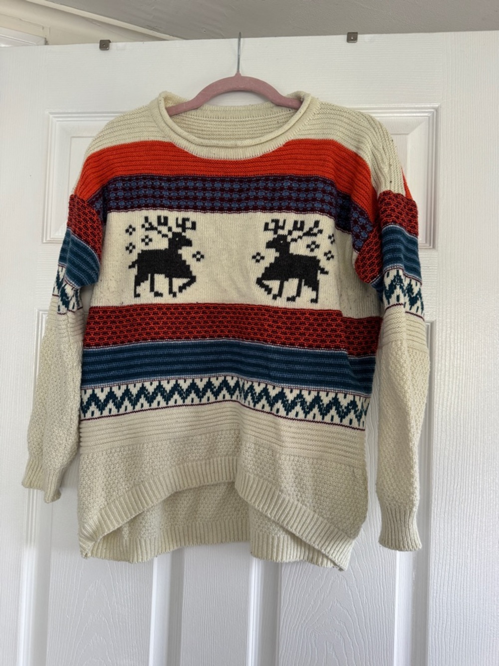 Cozy Cream Reindeer Knit Sweater with Red & Teal Stripes